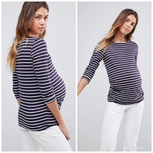 New Look Maternity Stripe 3/4 Sleeve Tee Blue 14 - Picture 2 of 7